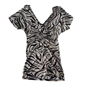 Zebra Print Sparkle Y2K Ruched Mini Dress V-Neck Going Out Party Short Sleeve XS